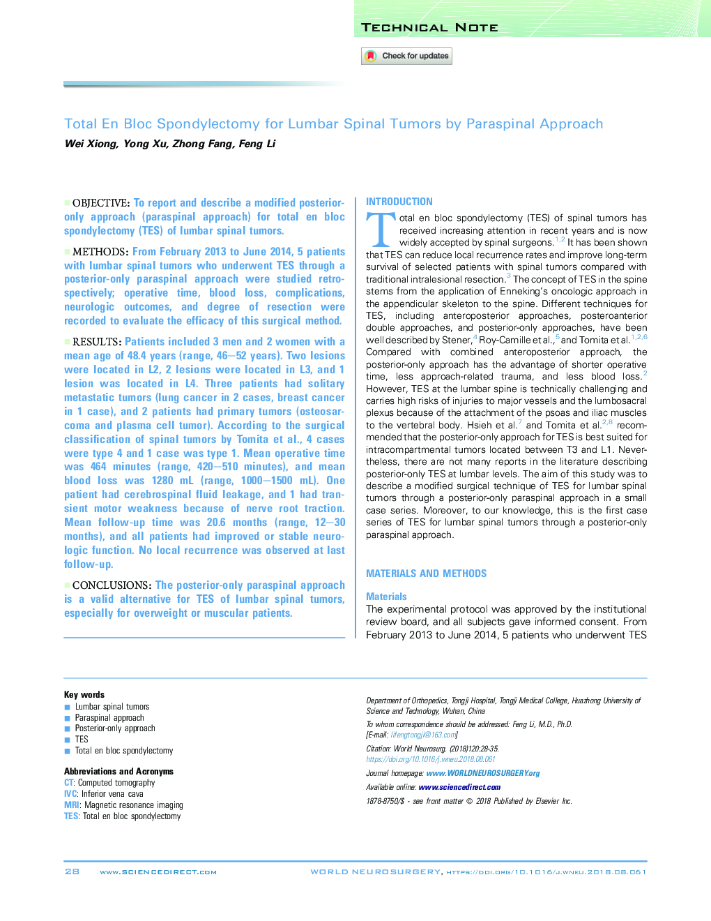 Total En Bloc Spondylectomy for Lumbar Spinal Tumors by Paraspinal Approach