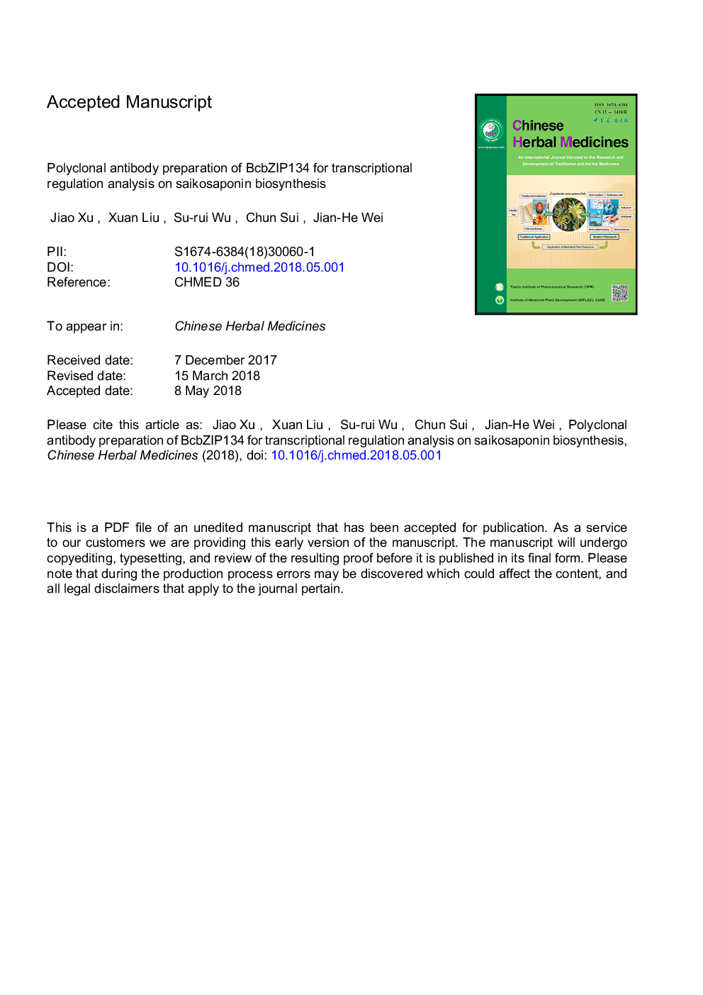 Polyclonal antibody preparation of BcbZIP134 for transcriptional regulation analysis on saikosaponin biosynthesis