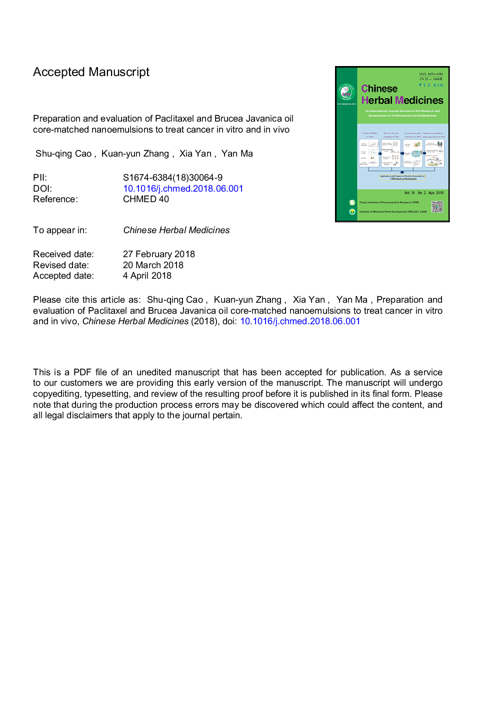 Preparation and evaluation of paclitaxel and Brucea javanica oil core-matched nanoemulsions to treat cancer in vitro and in vivo