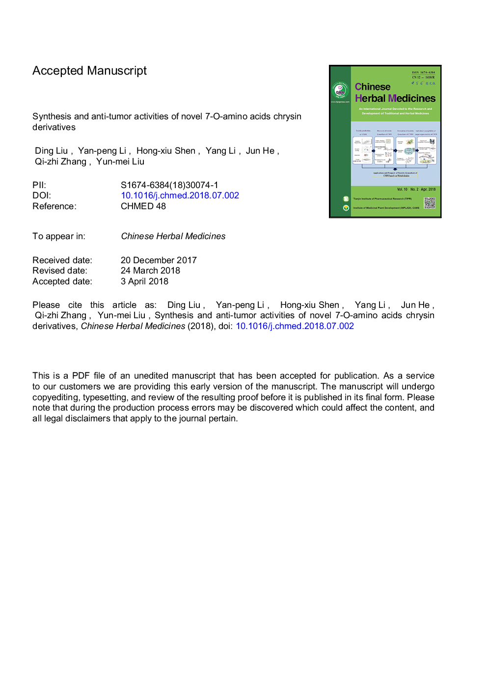 Synthesis and anti-tumor activities of novel 7-O-amino acids chrysin derivatives