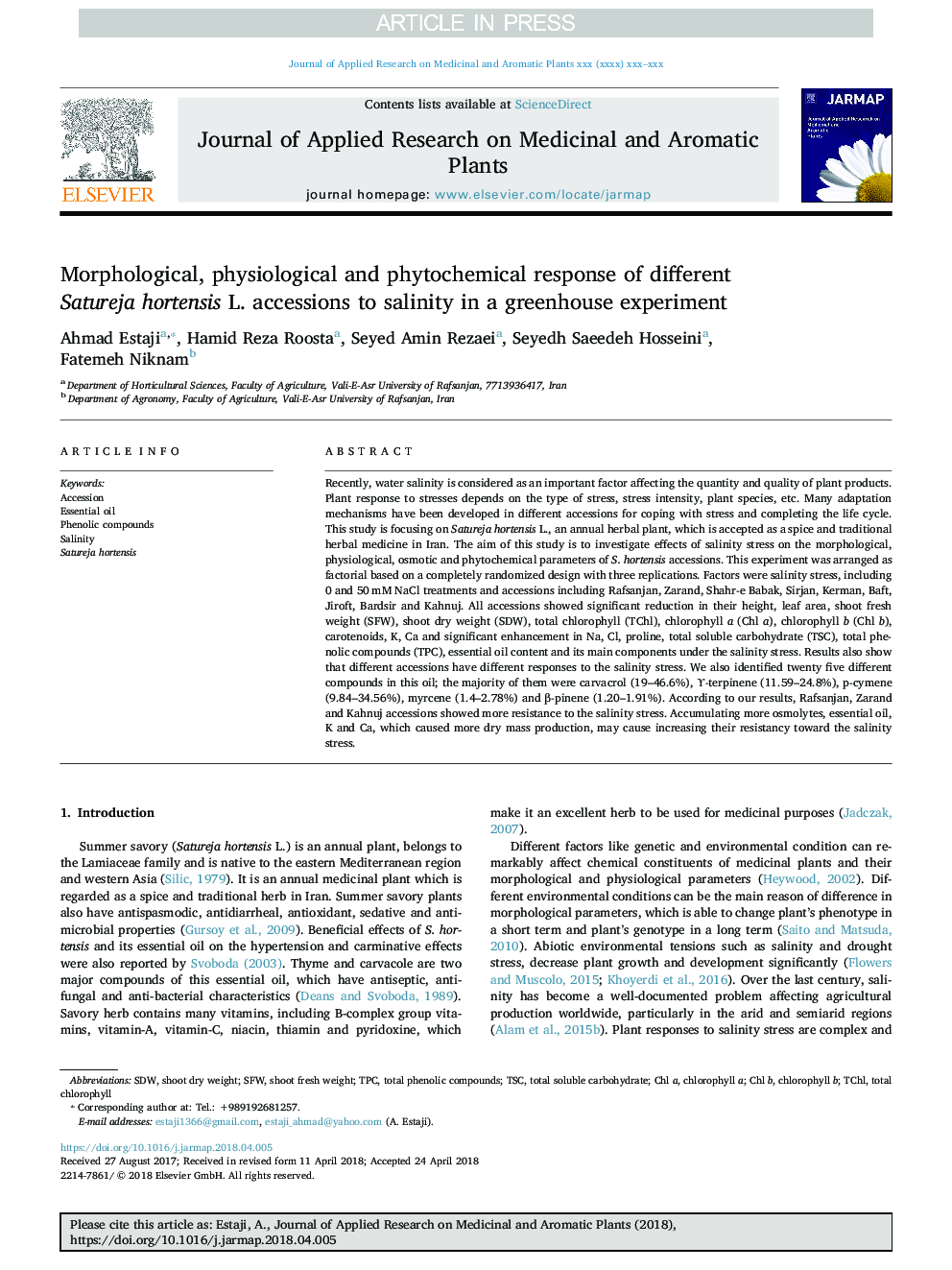 Morphological, physiological and phytochemical response of different Satureja hortensis L. accessions to salinity in a greenhouse experiment