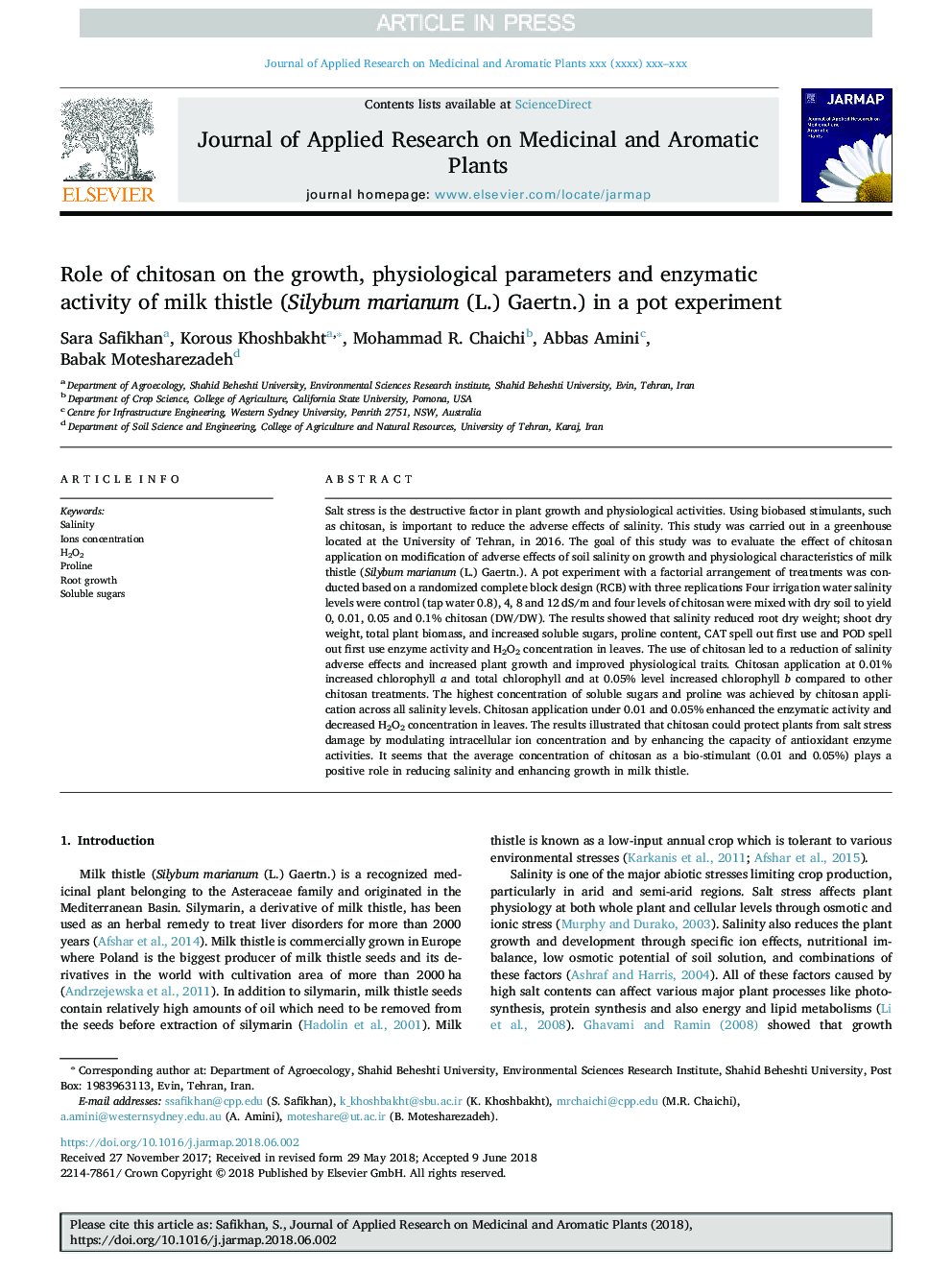 Role of chitosan on the growth, physiological parameters and enzymatic activity of milk thistle (Silybum marianum (L.) Gaertn.) in a pot experiment