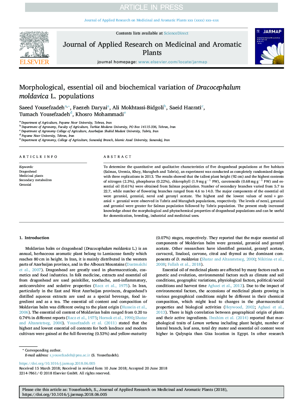 Morphological, essential oil and biochemical variation of Dracocephalum moldavica L. populations