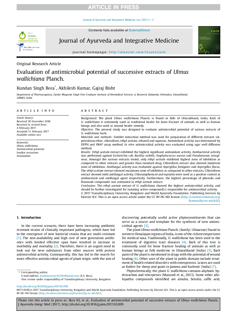 Evaluation of antimicrobial potential of successive extracts of Ulmus wallichiana Planch