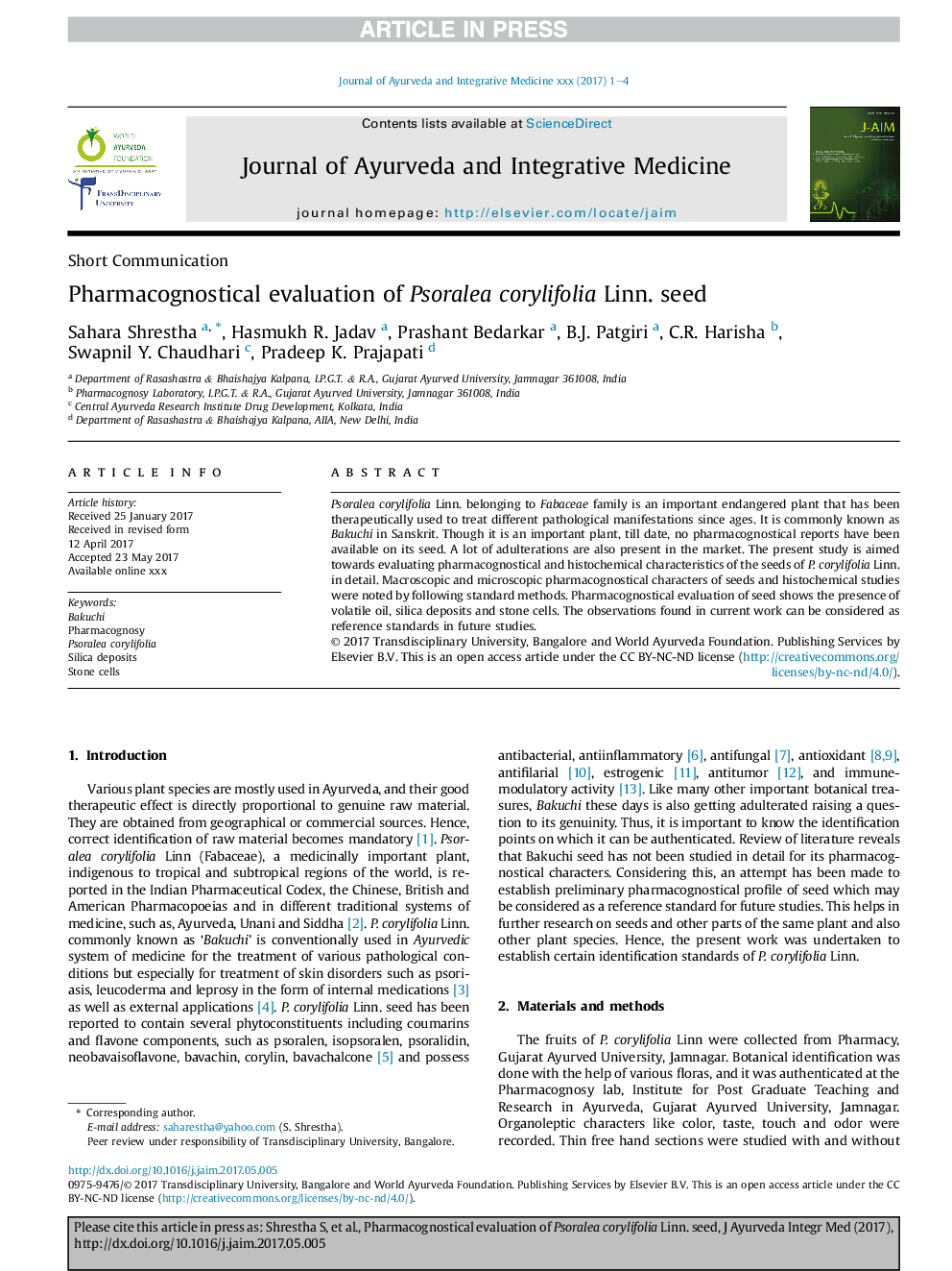 Pharmacognostical evaluation of Psoralea corylifolia Linn. seed