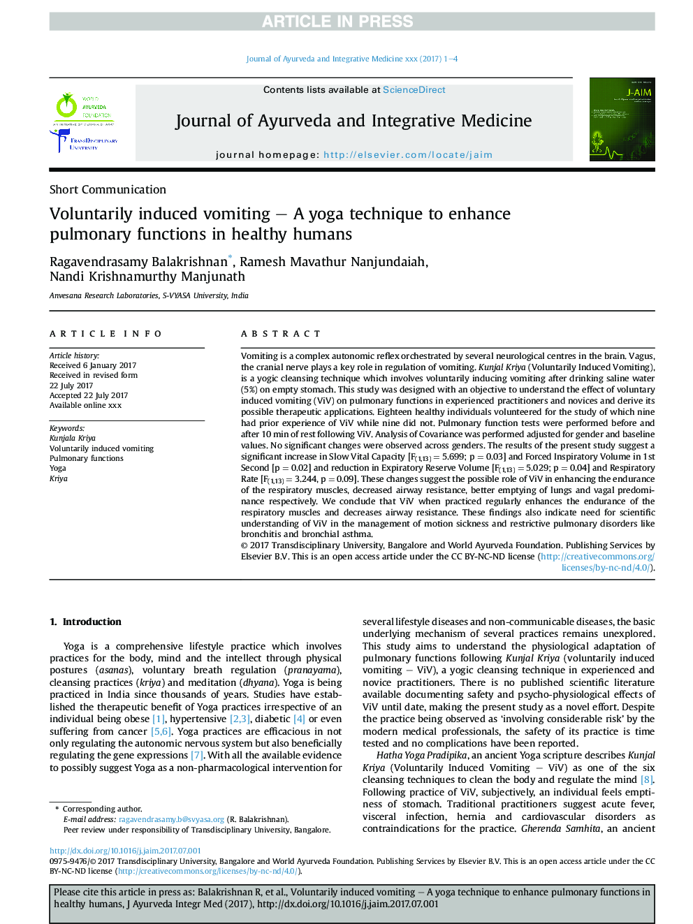 Voluntarily induced vomiting - A yoga technique to enhance pulmonary functions in healthy humans