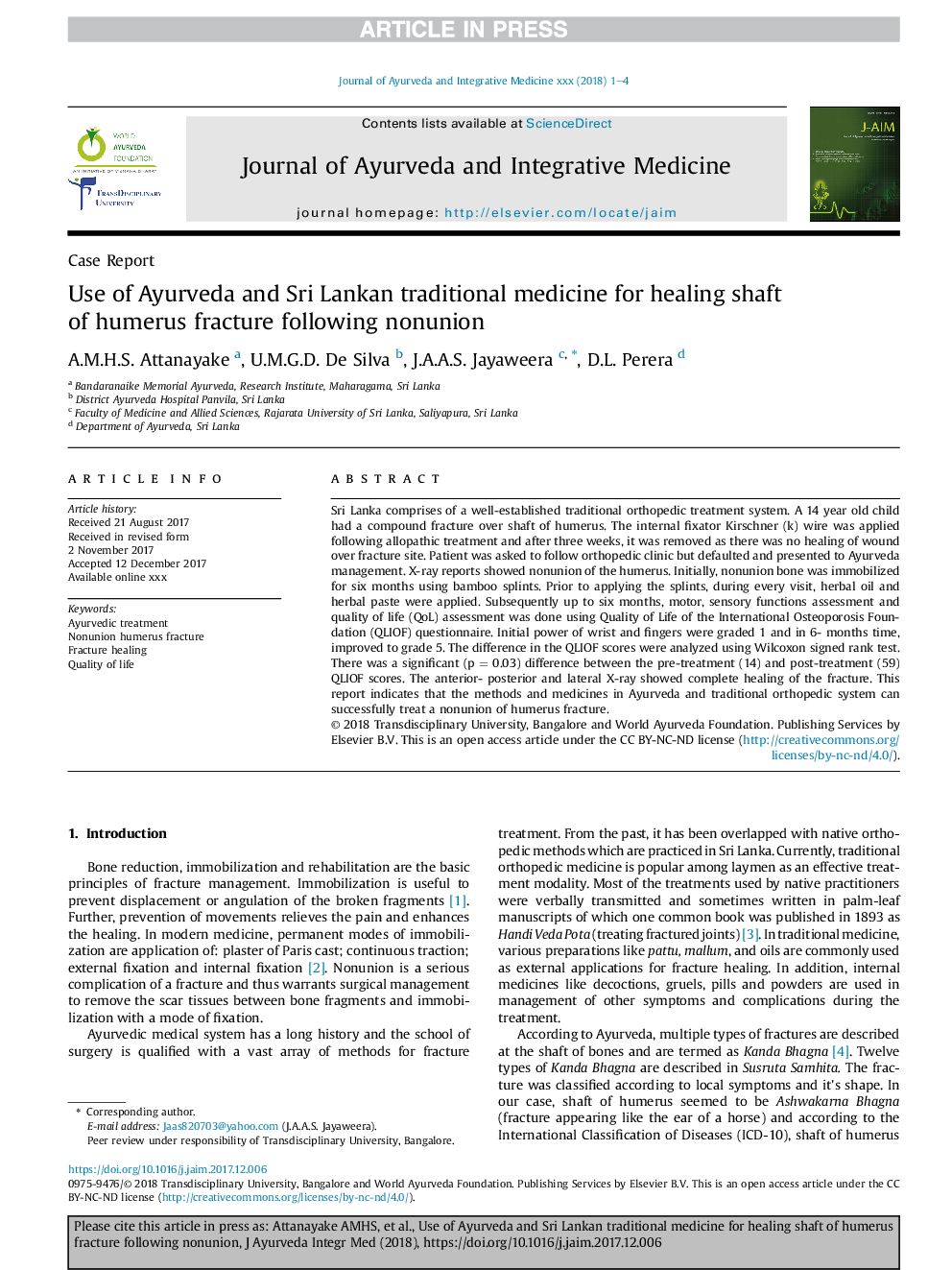 Use of Ayurveda and Sri Lankan traditional medicine for healing shaft of humerus fracture following nonunion