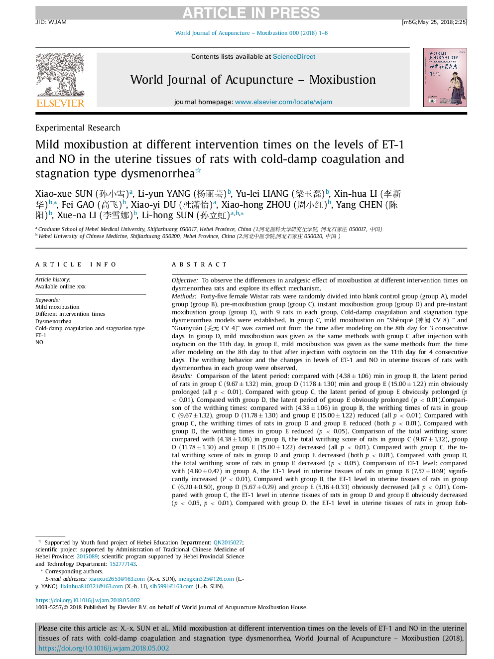 Mild moxibustion at different intervention times on the levels of ET-1 and NO in the uterine tissues of rats with cold-damp coagulation and stagnation type dysmenorrhea