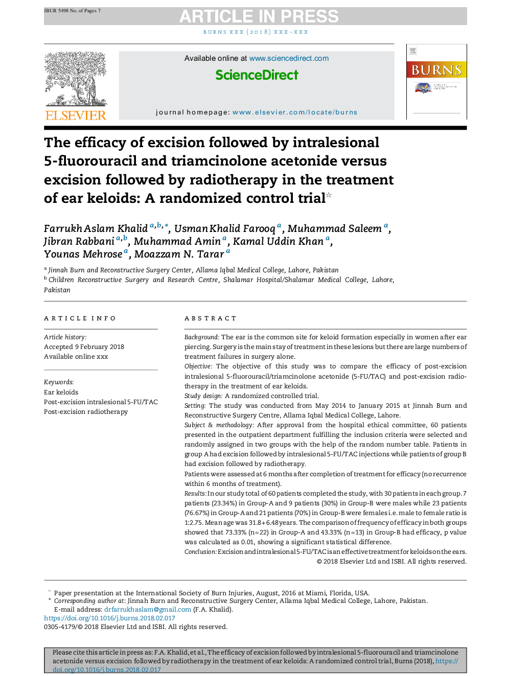 The efficacy of excision followed by intralesional 5-fluorouracil and triamcinolone acetonide versus excision followed by radiotherapy in the treatment of ear keloids: A randomized control trial