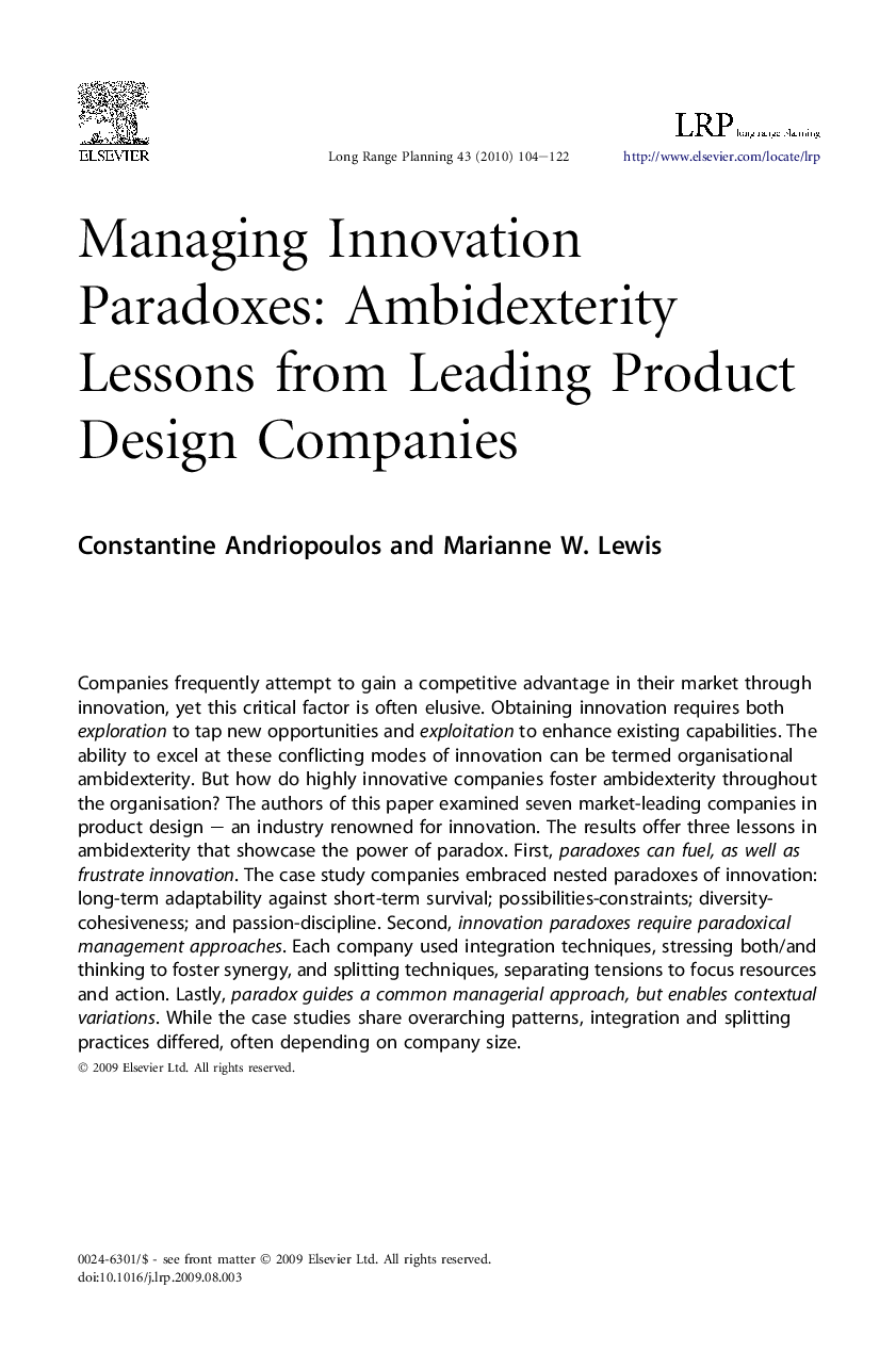 Managing Innovation Paradoxes: Ambidexterity Lessons from Leading Product Design Companies