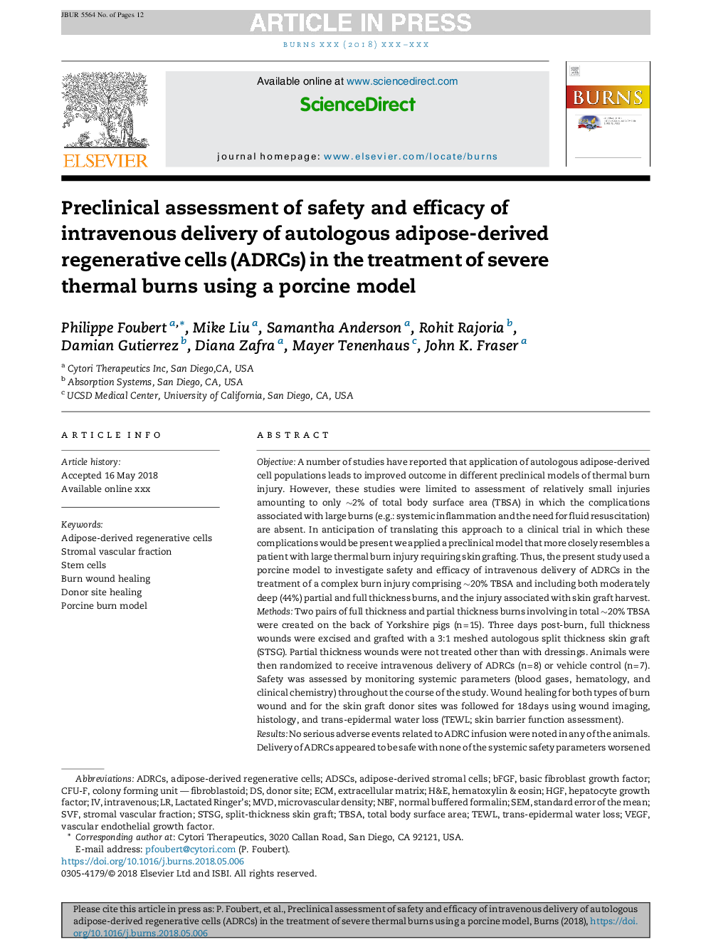 Preclinical assessment of safety and efficacy of intravenous delivery of autologous adipose-derived regenerative cells (ADRCs) in the treatment of severe thermal burns using a porcine model