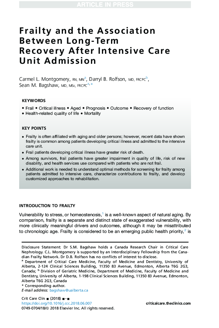 Frailty and the Association Between Long-Term Recovery After Intensive Care Unit Admission