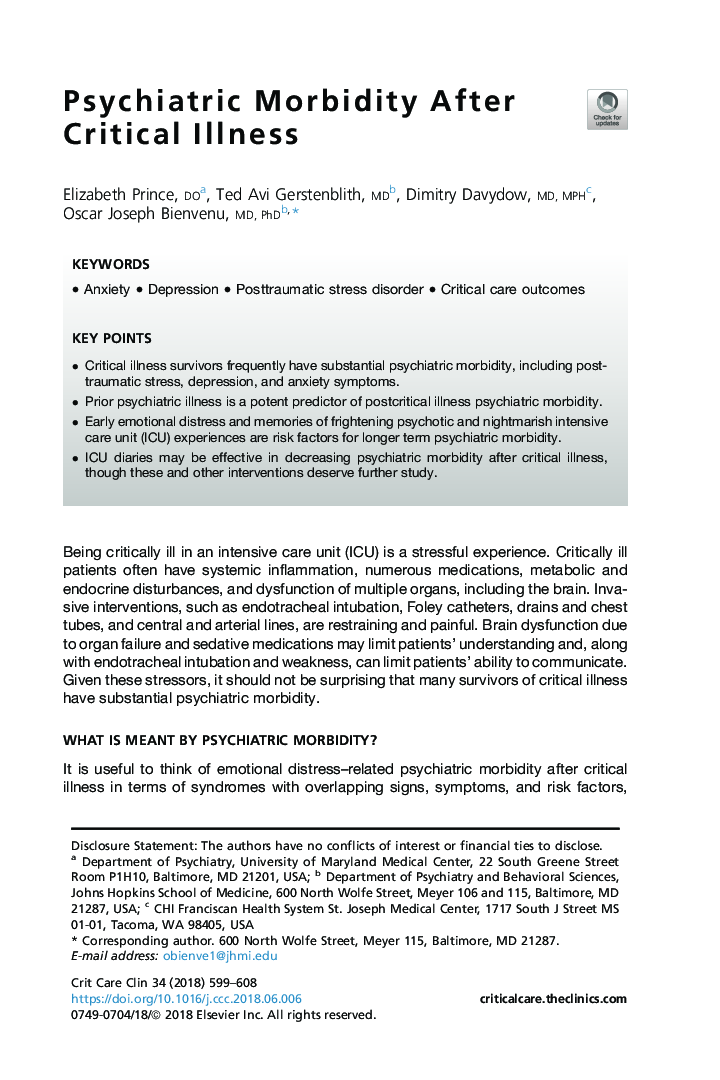 Psychiatric Morbidity After Critical Illness