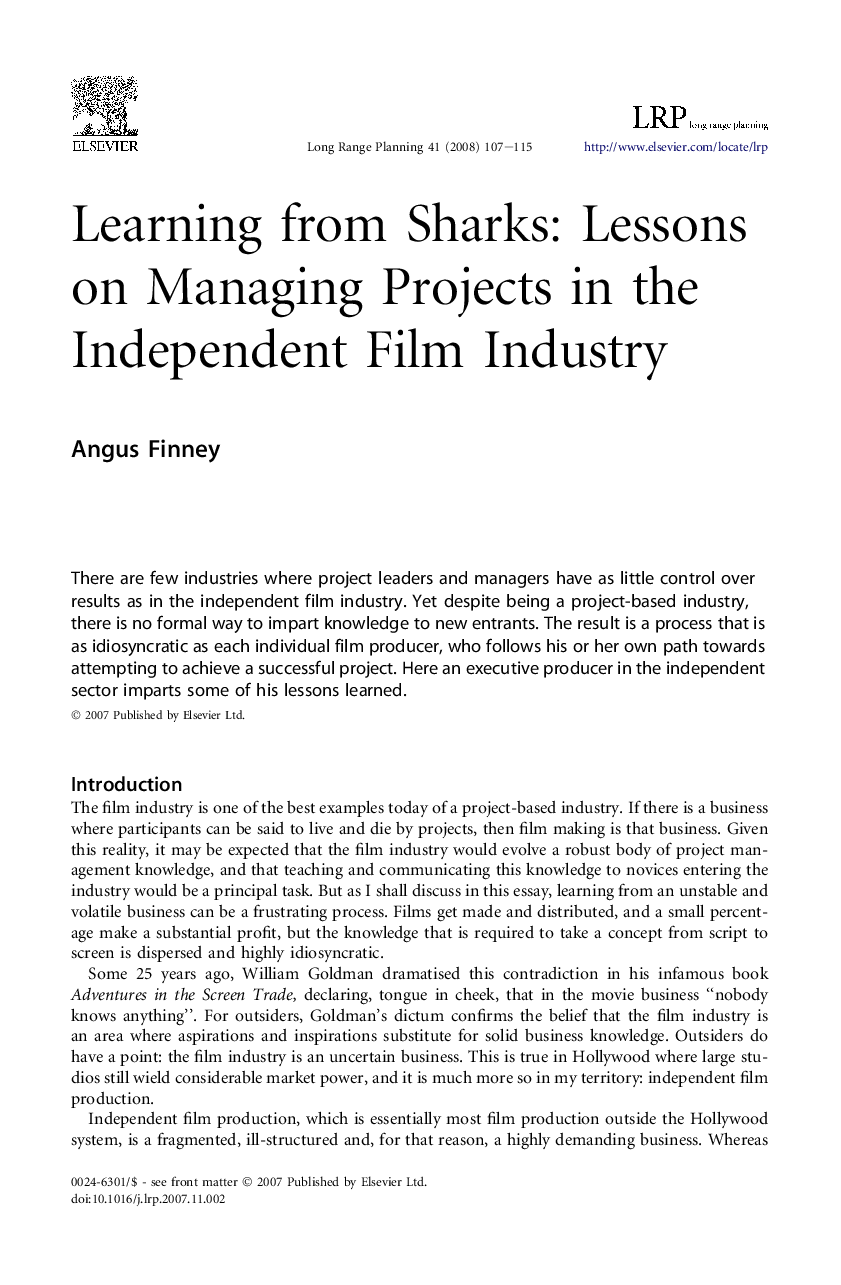 Learning from Sharks: Lessons on Managing Projects in the Independent Film Industry