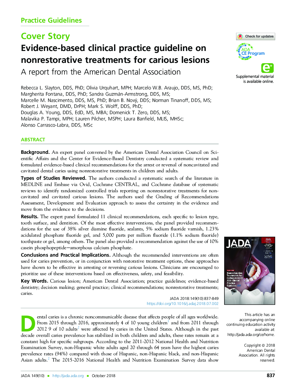 Evidence-based clinical practice guideline on nonrestorative treatments for carious lesions