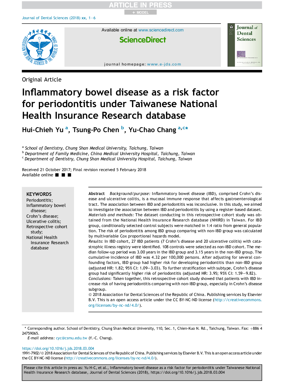 Inflammatory bowel disease as a risk factor for periodontitis under Taiwanese National Health Insurance Research database