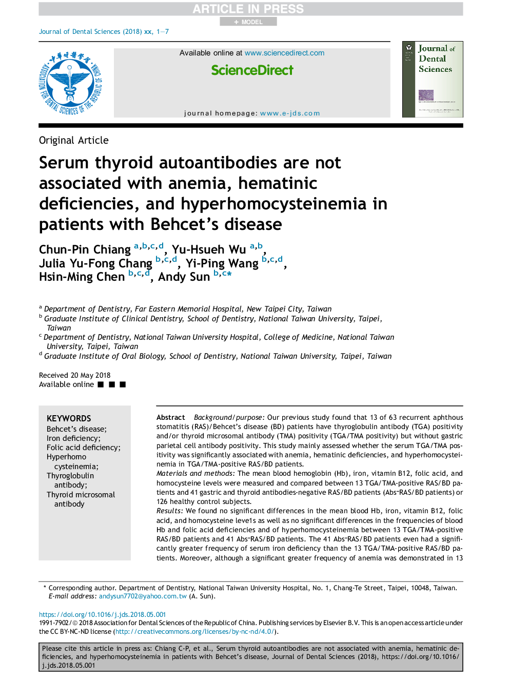 Serum thyroid autoantibodies are not associated with anemia, hematinic deficiencies, and hyperhomocysteinemia in patients with Behcet's disease