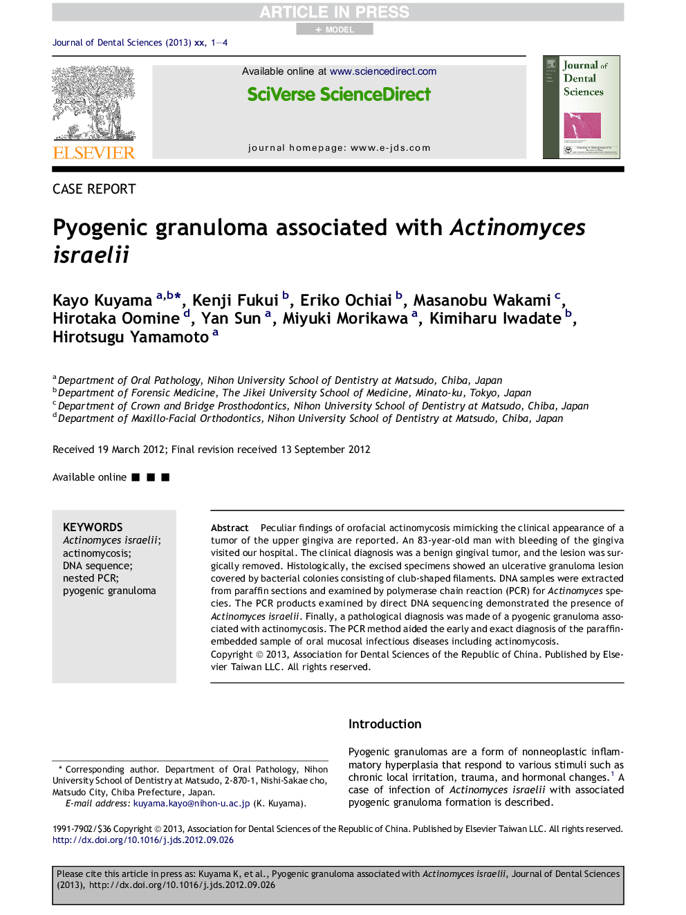 Pyogenic granuloma associated with Actinomyces israelii