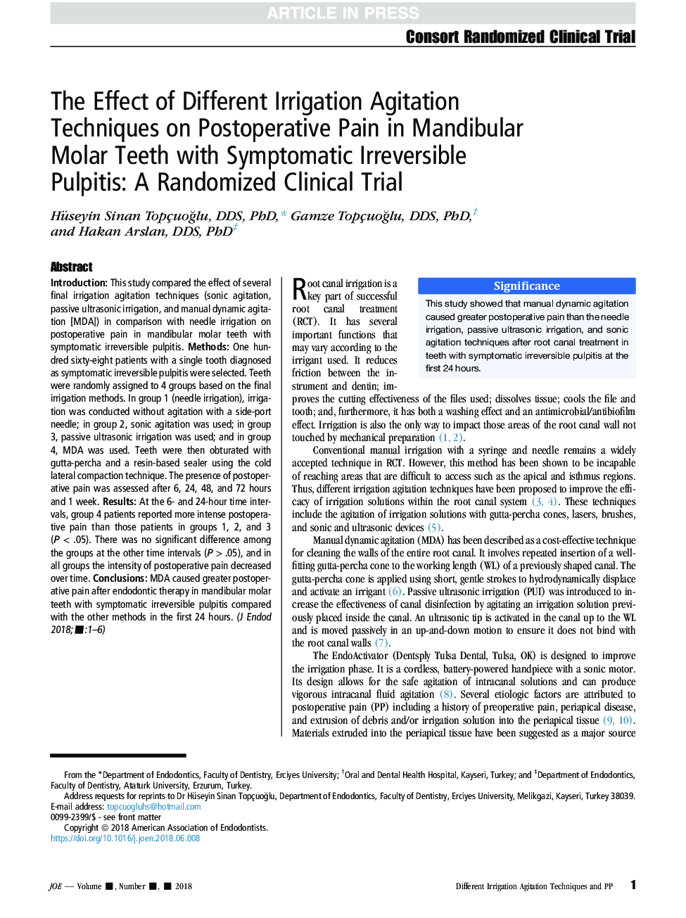 تأثیر روشهای مختلف تحریک آبیاری بر درد پس از عمل در دندانهای مایع ماندوبول با پالپییت غیر قابل برگشت قابل علاج: یک مطالعه بالینی تصادفی شده