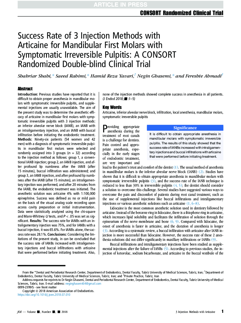 Success Rate of 3 Injection Methods with Articaine for Mandibular First Molars with Symptomatic Irreversible Pulpitis: A CONSORT Randomized Double-blind Clinical Trial