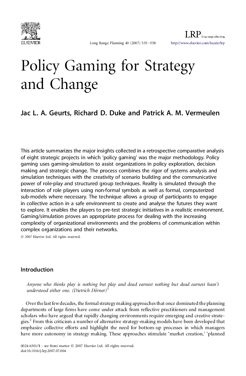 Policy Gaming for Strategy and Change