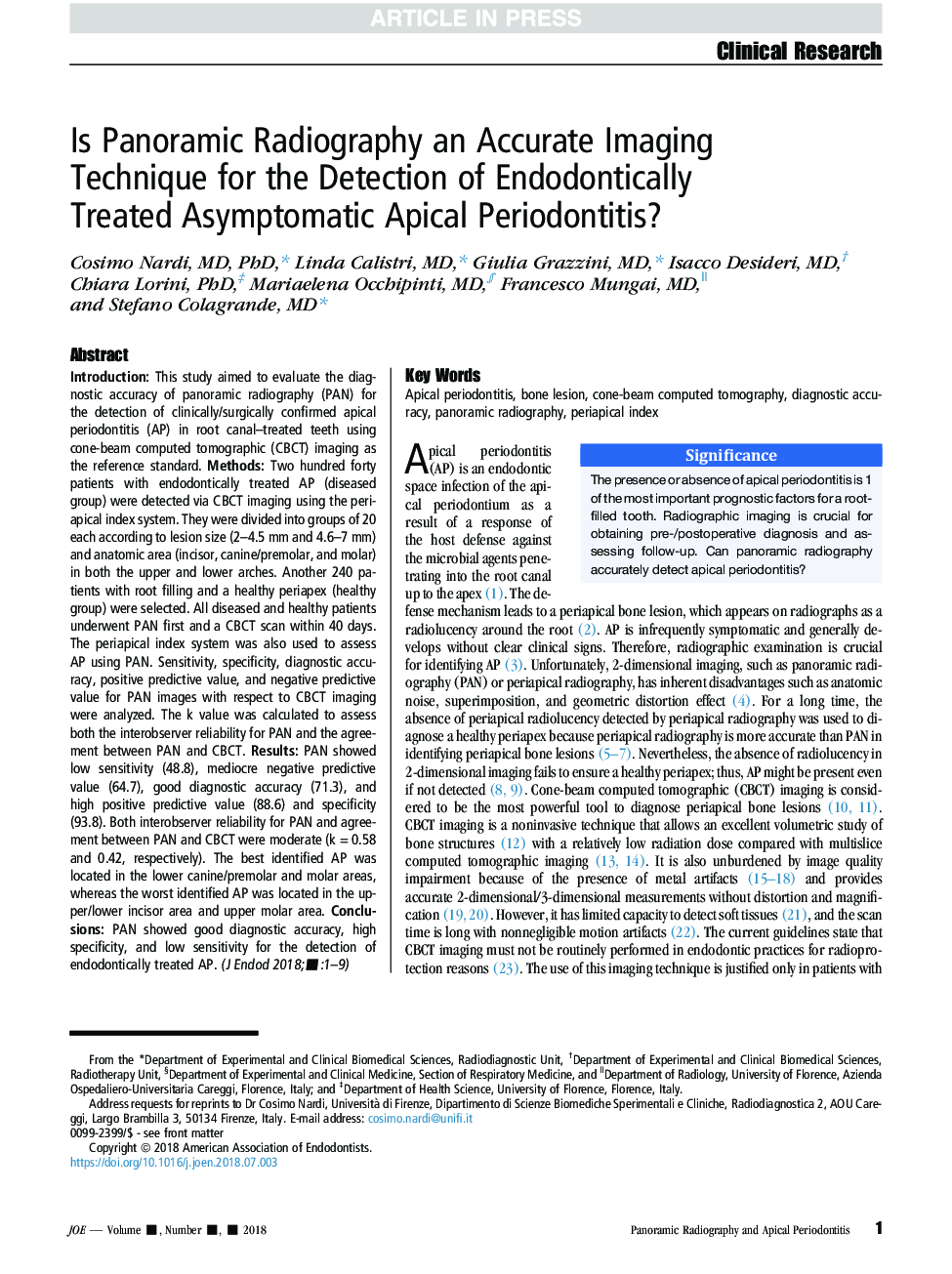 Is Panoramic Radiography an Accurate Imaging Technique for the Detection of Endodontically Treated Asymptomatic Apical Periodontitis?