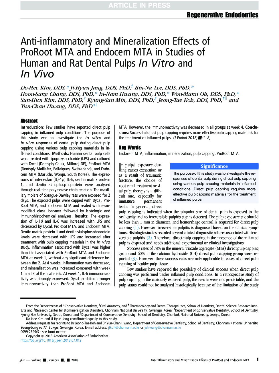 Anti-inflammatory and Mineralization Effects of ProRoot MTA and Endocem MTA in Studies of Human and Rat Dental Pulps InÂ Vitro and InÂ Vivo