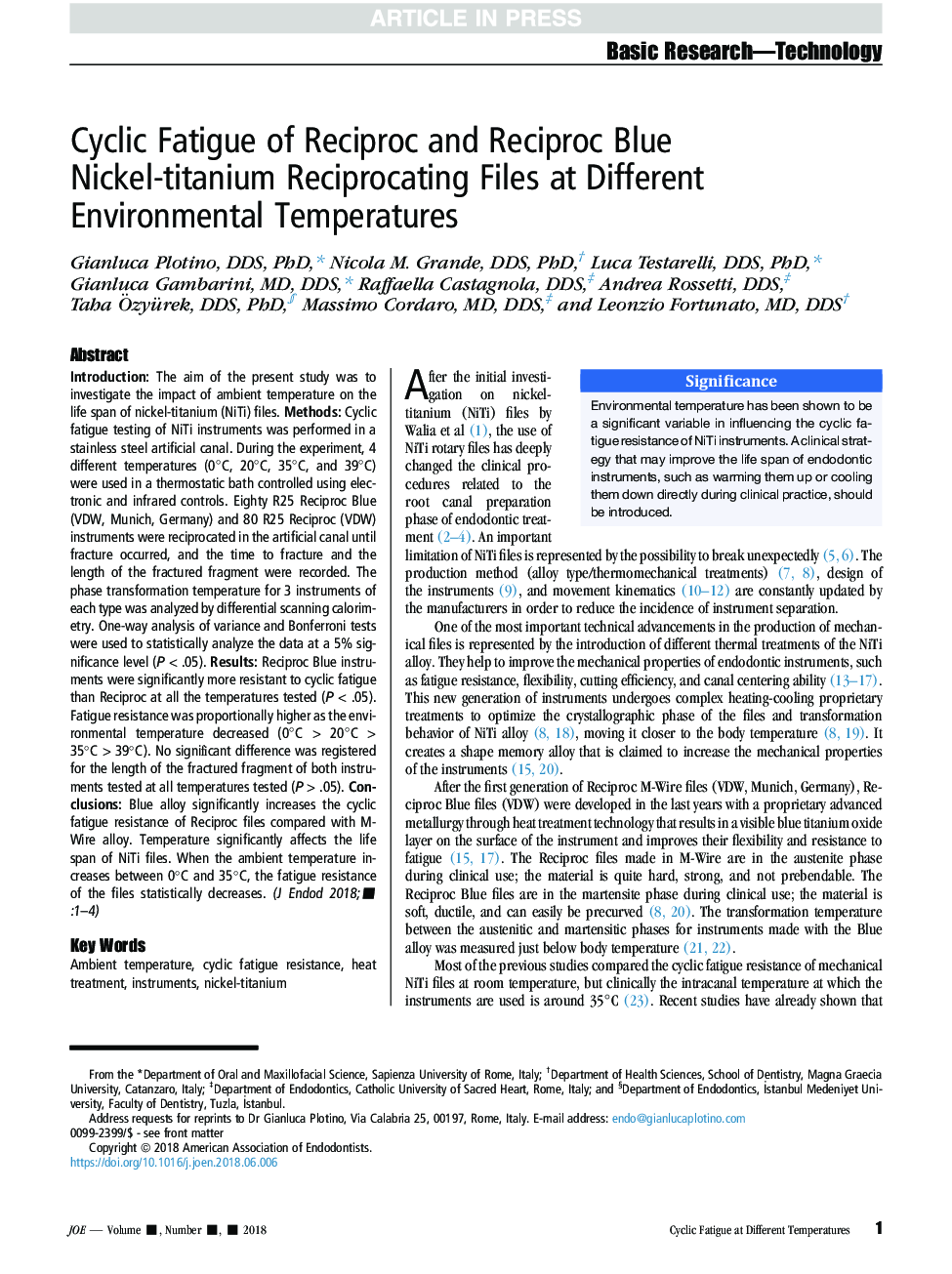 Cyclic Fatigue of Reciproc and Reciproc Blue Nickel-titanium Reciprocating Files at Different Environmental Temperatures