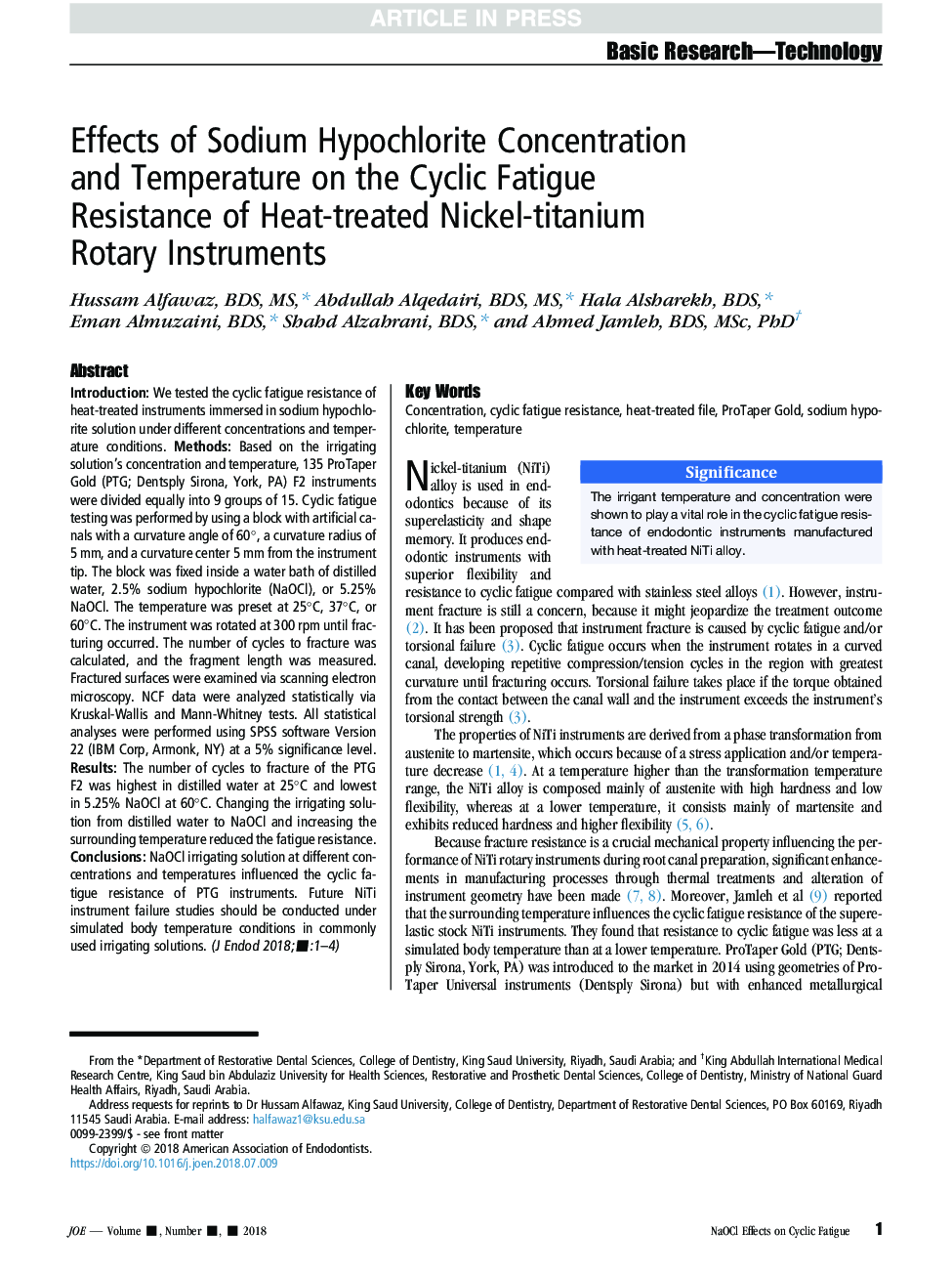 اثرات غلظت و دمای هیپوکلریت سدیم بر مقاومت به خستگی سیکل ابزارهای روتاری نیکل تیتانیوم