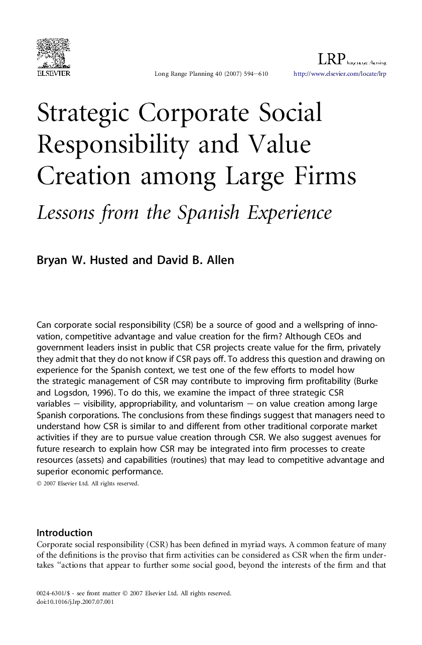 Strategic Corporate Social Responsibility and Value Creation among Large Firms: Lessons from the Spanish Experience