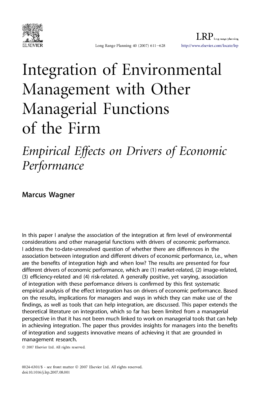 Integration of Environmental Management with Other Managerial Functions of the Firm: Empirical Effects on Drivers of Economic Performance