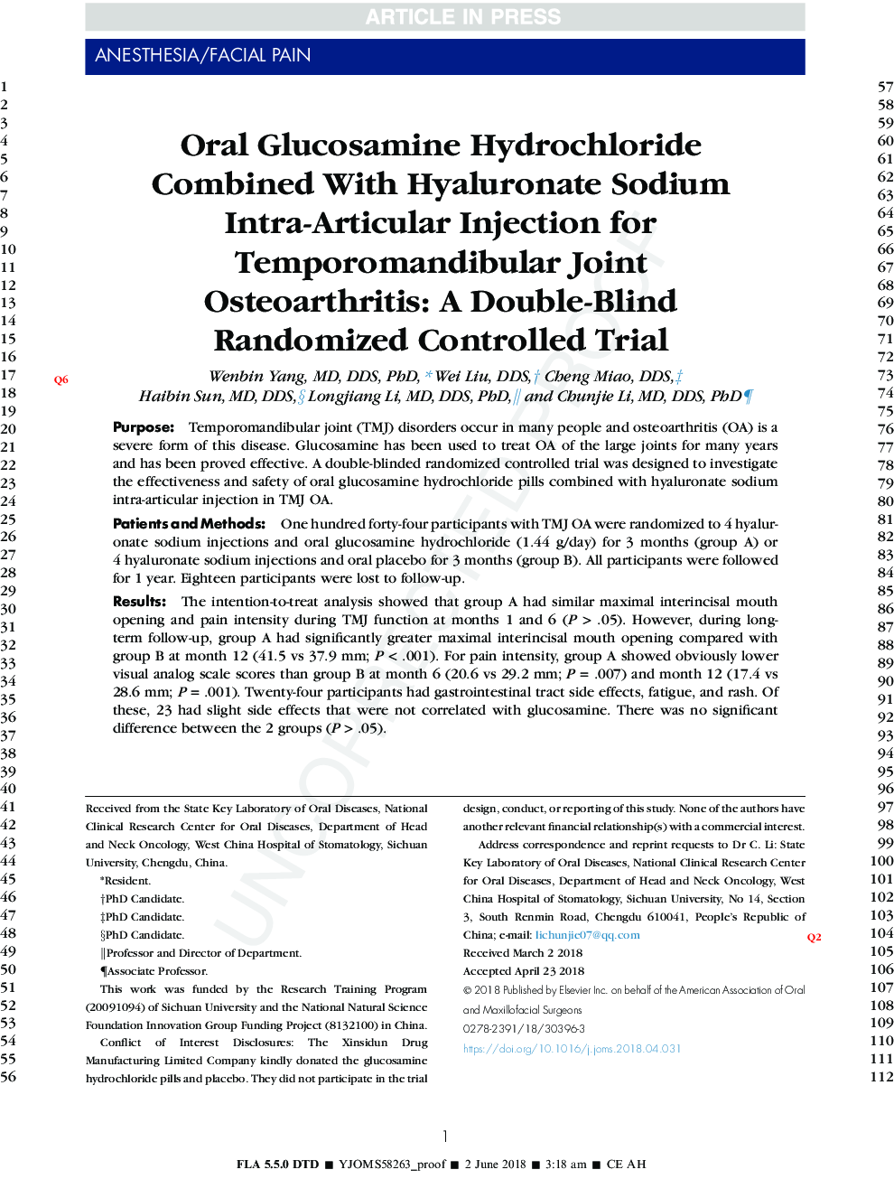 Oral Glucosamine Hydrochloride Combined With Hyaluronate Sodium Intra-Articular Injection for Temporomandibular Joint Osteoarthritis: A Double-Blind Randomized Controlled Trial