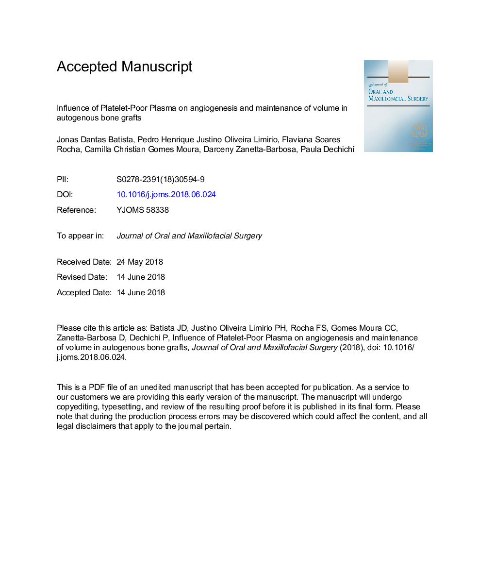 Influence of Platelet-Poor Plasma on Angiogenesis and Maintenance of Volume in Autogenous Bone Grafts