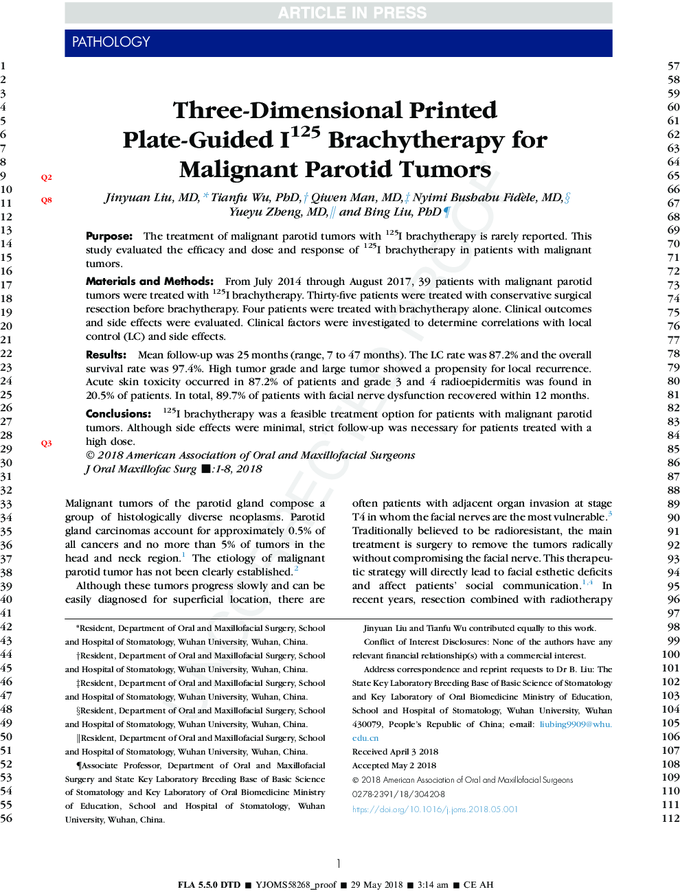 Three-Dimensional Printed Plate-Guided 125I Brachytherapy for Malignant Parotid Tumors