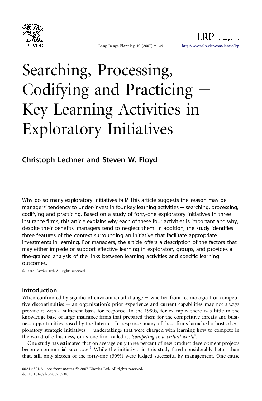Searching, Processing, Codifying and Practicing – Key Learning Activities in Exploratory Initiatives