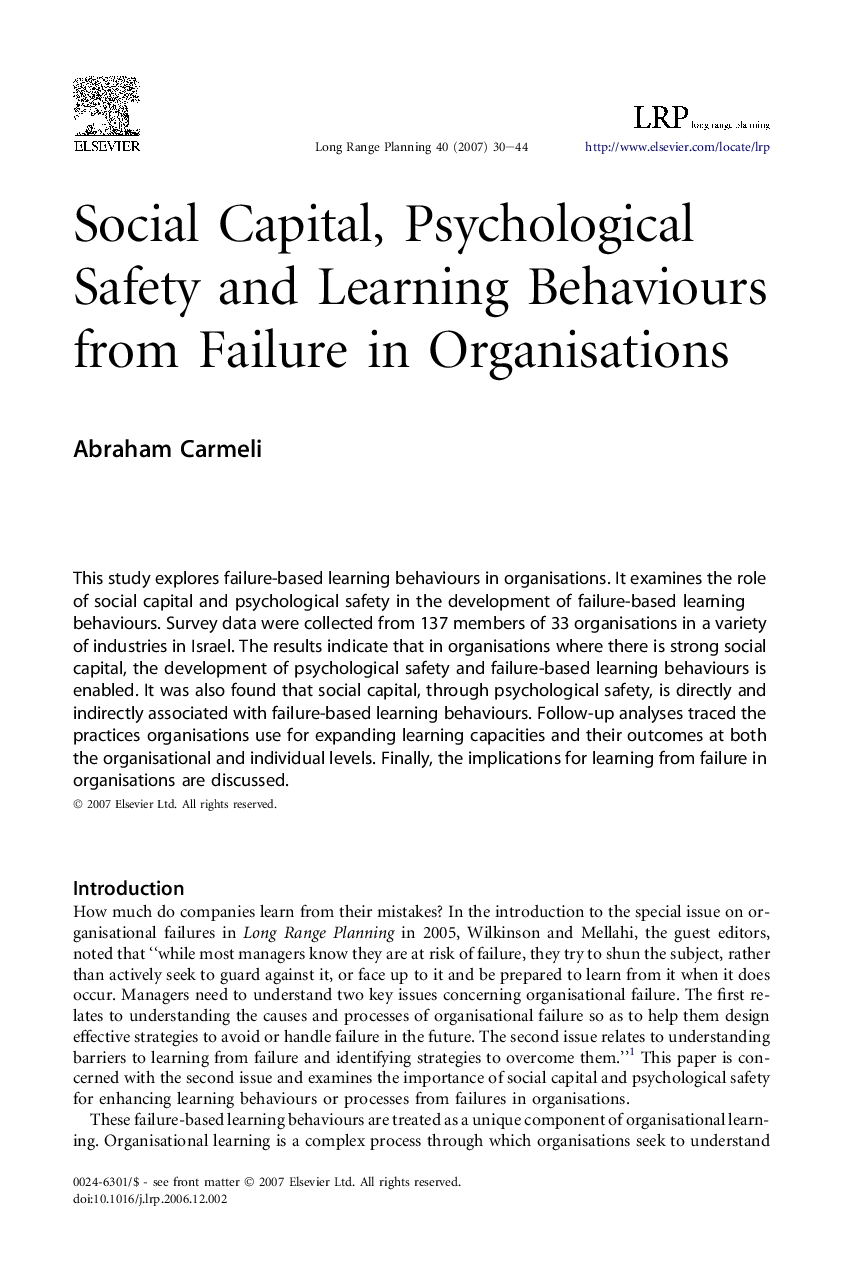 Social Capital, Psychological Safety and Learning Behaviours from Failure in Organisations