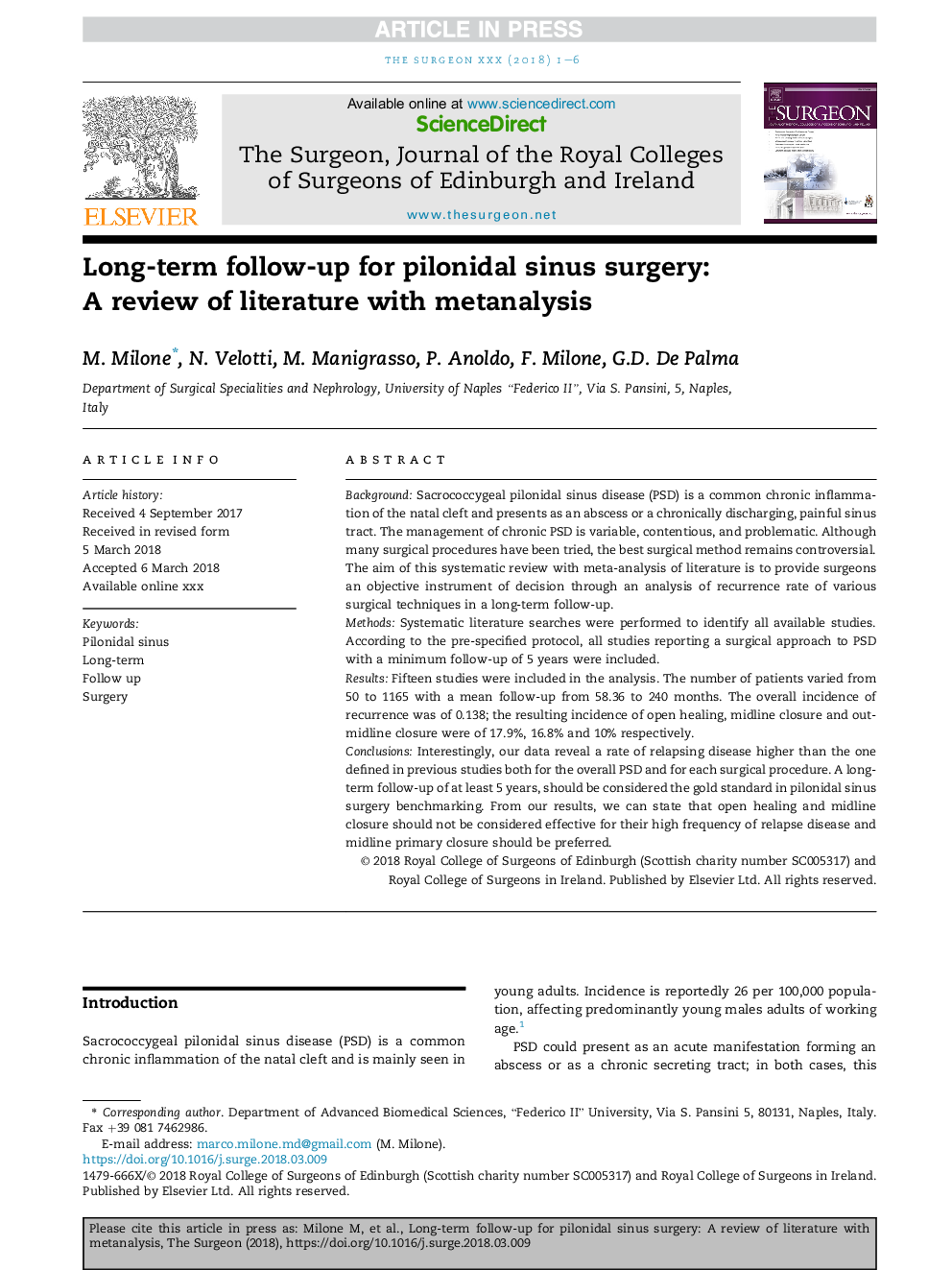 Long-term follow-up for pilonidal sinus surgery: AÂ review of literature with metanalysis