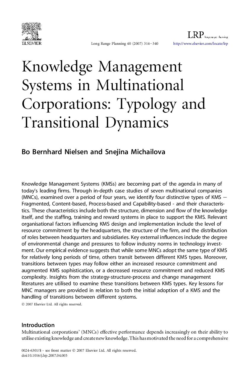 Knowledge Management Systems in Multinational Corporations: Typology and Transitional Dynamics