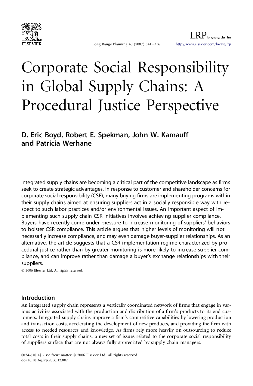 Corporate Social Responsibility in Global Supply Chains: A Procedural Justice Perspective