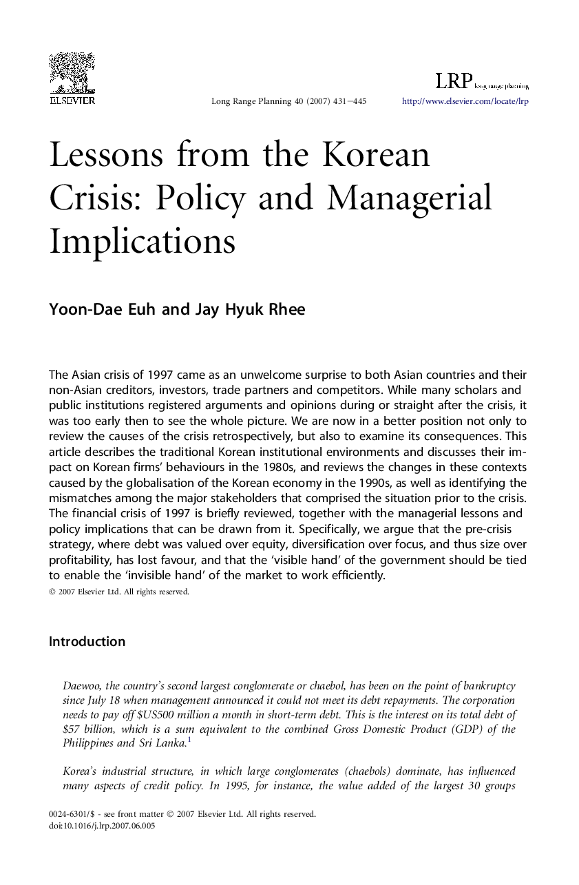 Lessons from the Korean Crisis: Policy and Managerial Implications