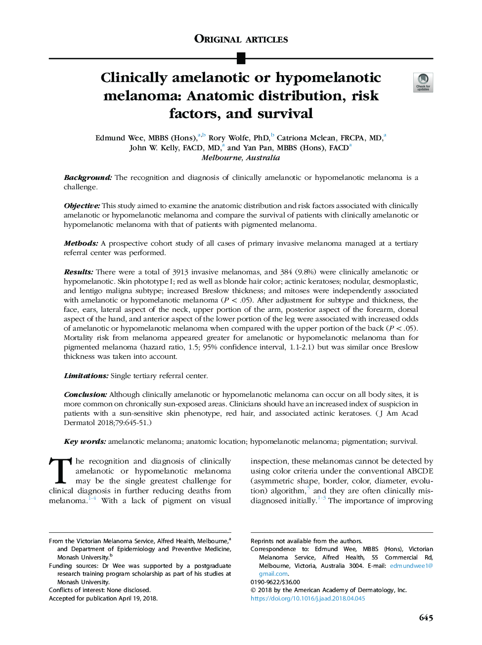 ملانوم کلینیک آملانوئات یا هیپوملانوکتیک: توزیع آناتومیک، عوامل خطر و بقاء