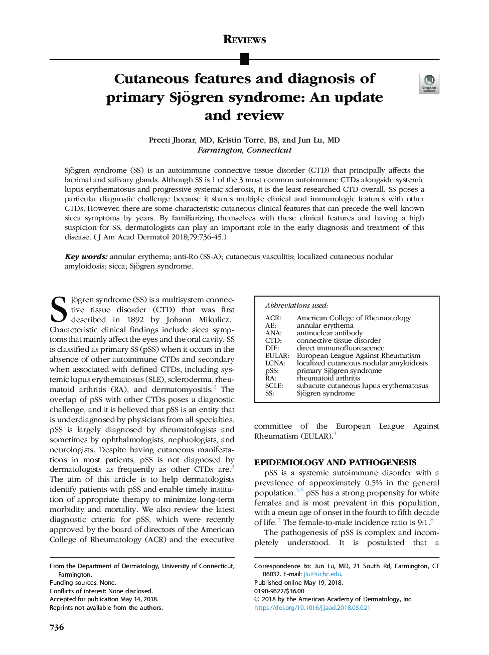 Cutaneous features and diagnosis of primary Sjögren syndrome: An update and review