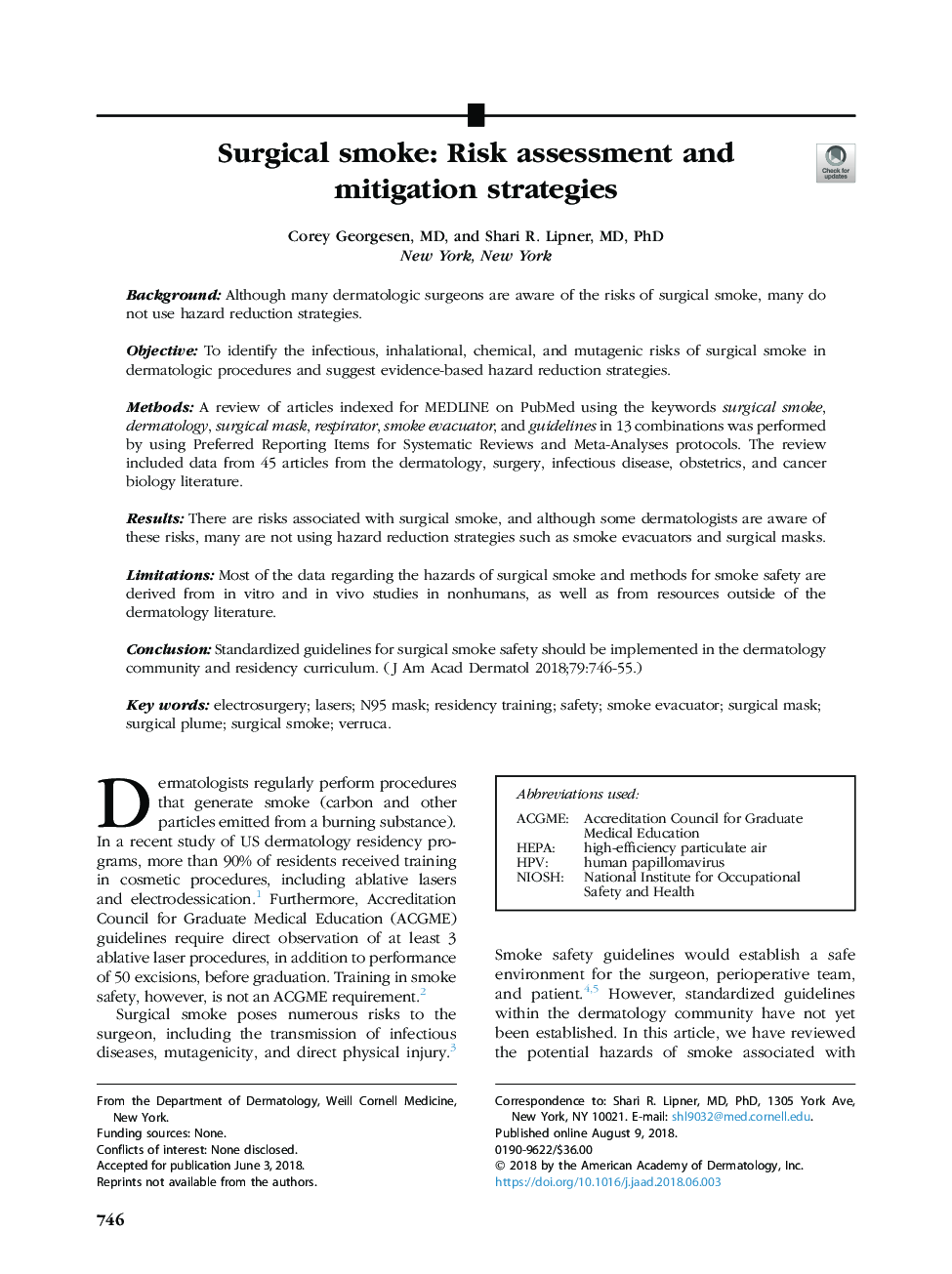 Surgical smoke: Risk assessment and mitigation strategies