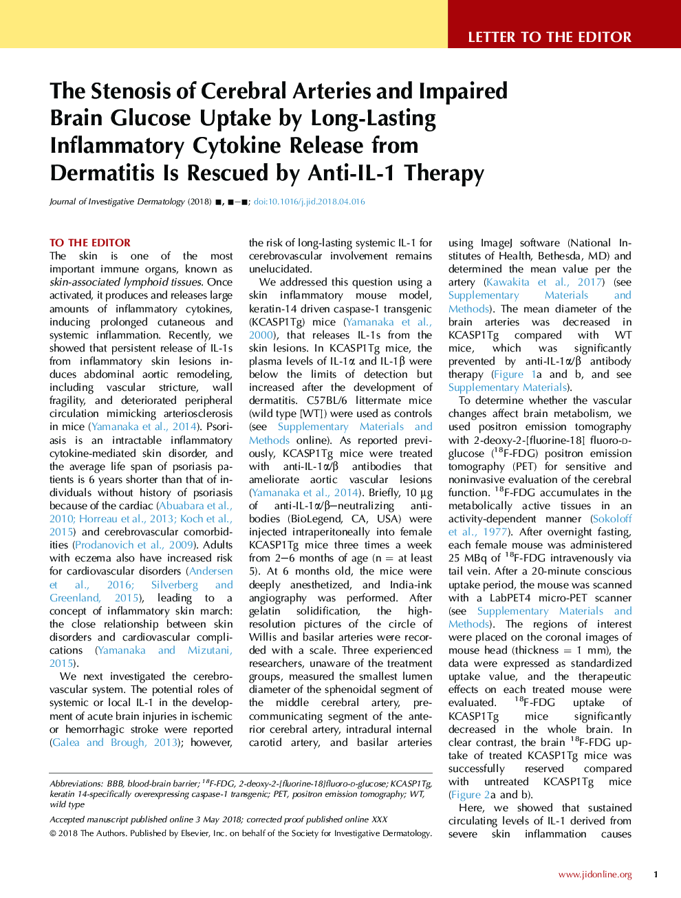 The Stenosis of Cerebral Arteries and Impaired BrainÂ Glucose Uptake by Long-Lasting InflammatoryÂ Cytokine Release from DermatitisÂ IsÂ Rescued by Anti-IL-1 Therapy