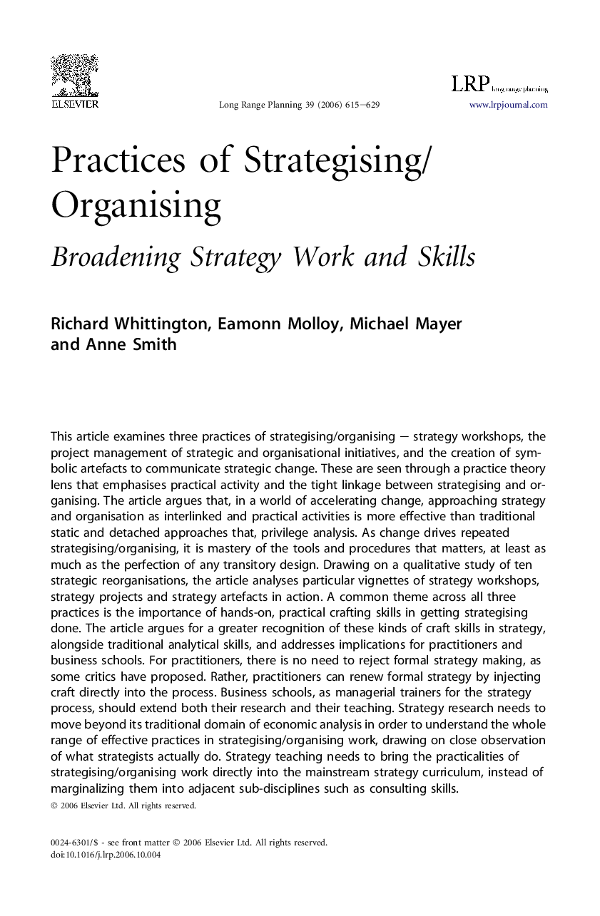 Practices of Strategising/Organising: Broadening Strategy Work and Skills