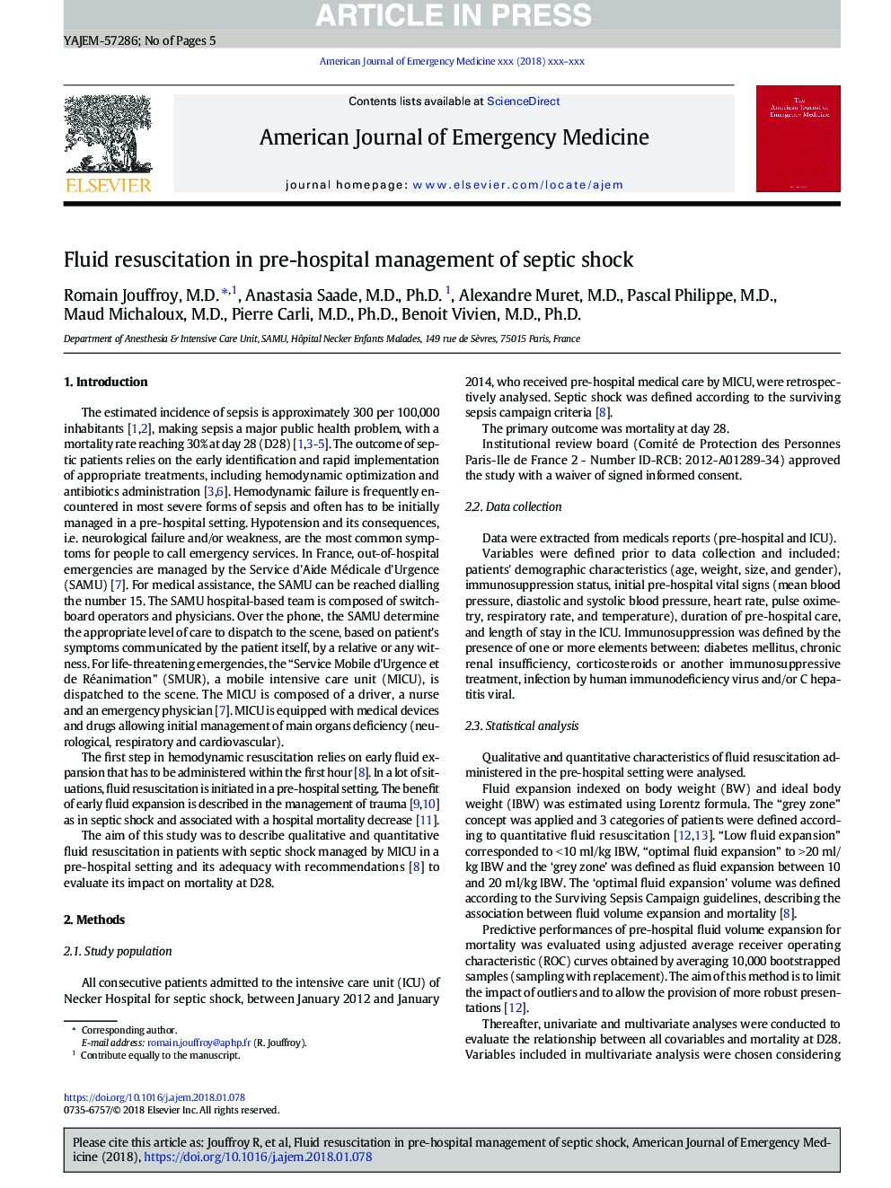 Fluid resuscitation in pre-hospital management of septic shock