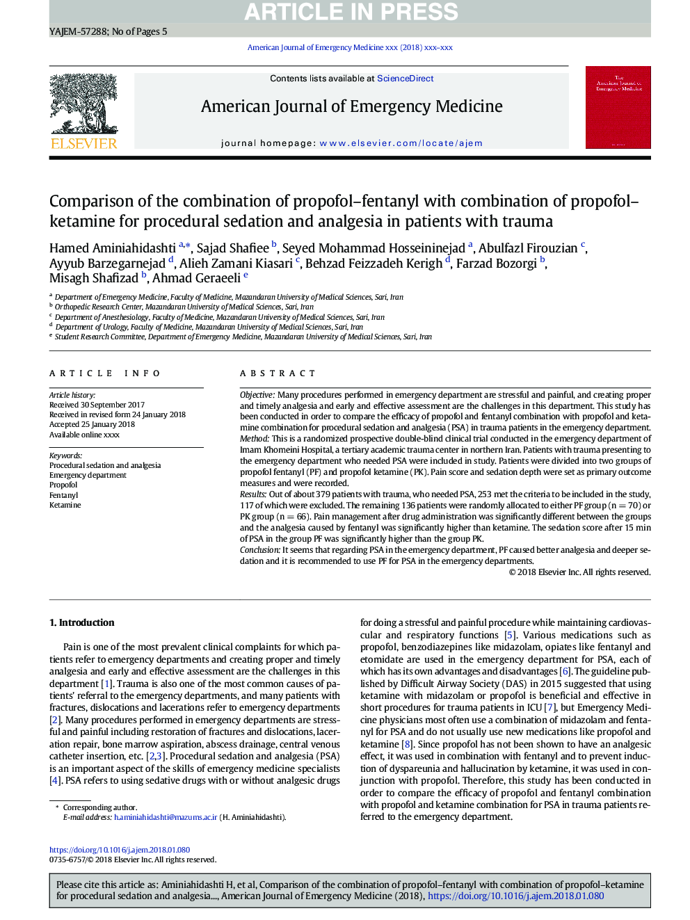 Propofol-fentanyl versus propofol-ketamine for procedural sedation and analgesia in patients with trauma