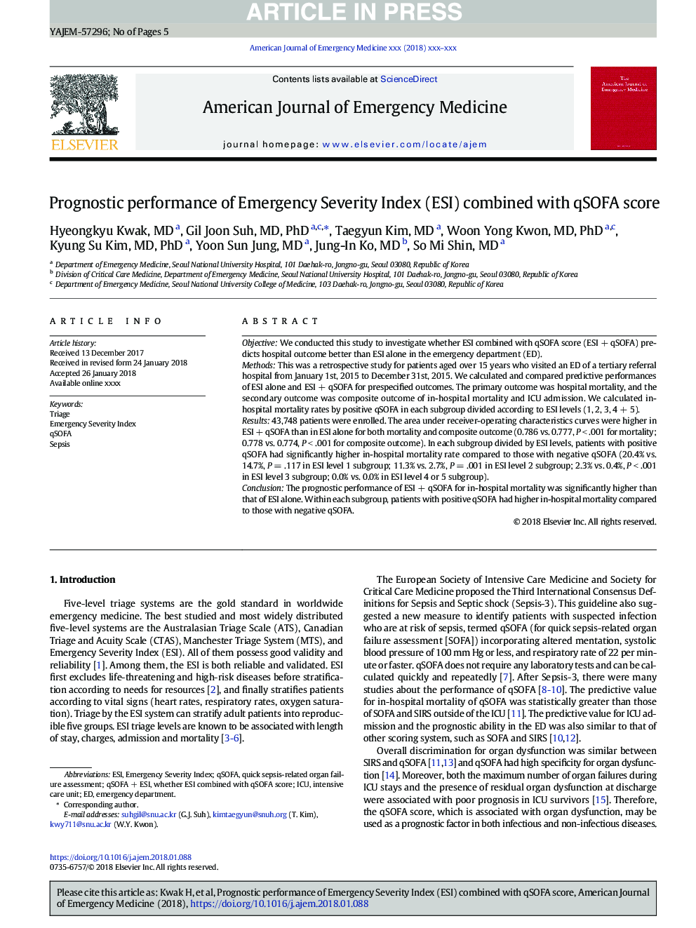 Prognostic performance of Emergency Severity Index (ESI) combined with qSOFA score