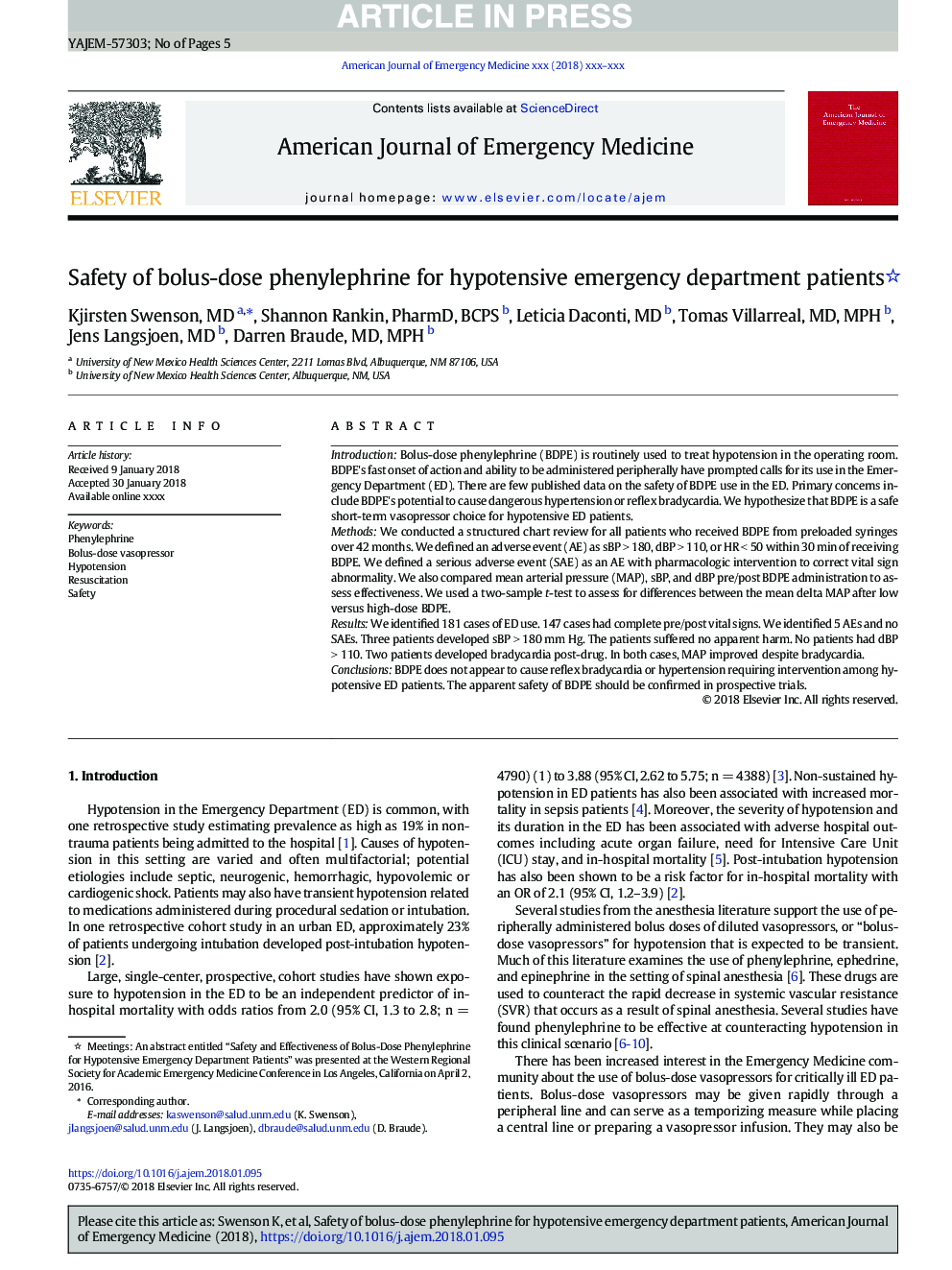 Safety of bolus-dose phenylephrine for hypotensive emergency department patients