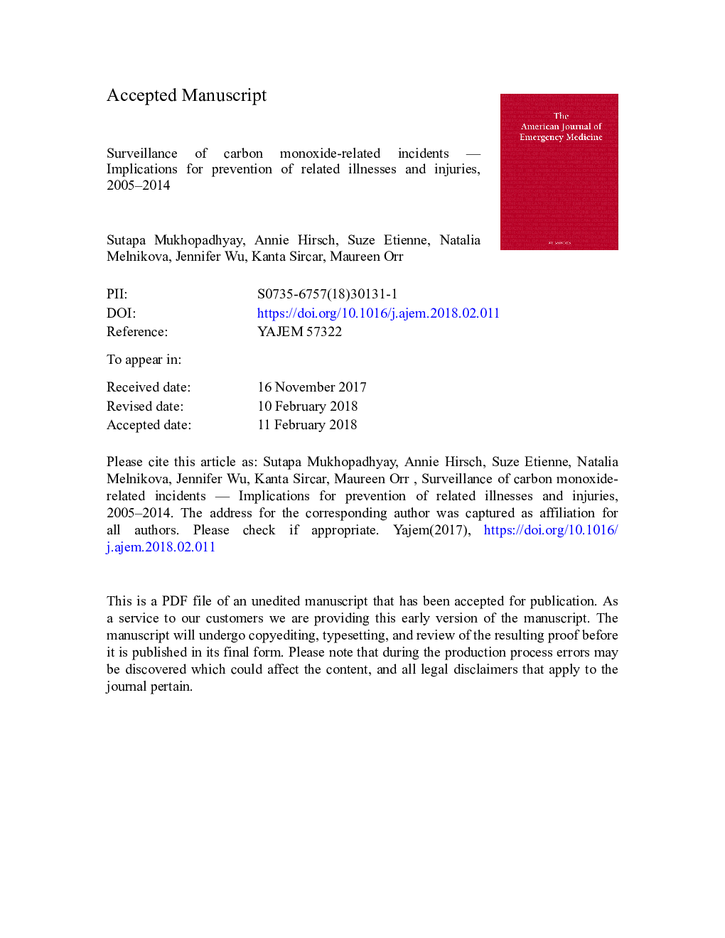 Surveillance of carbon monoxide-related incidents - Implications for prevention of related illnesses and injuries, 2005-2014